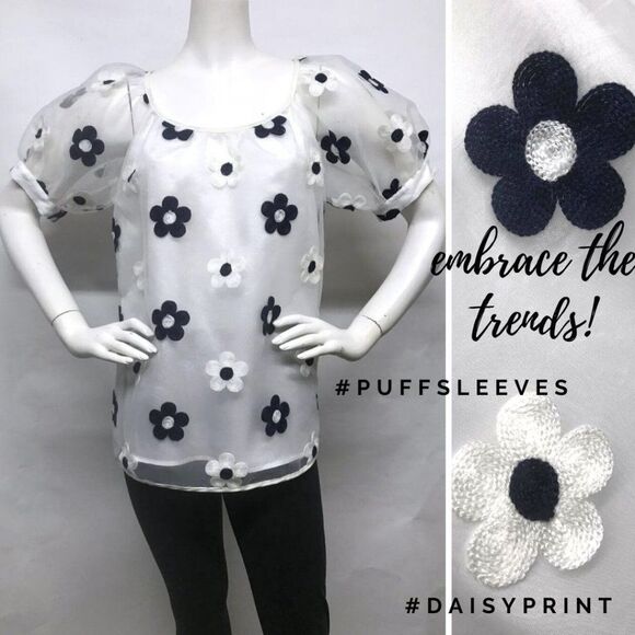 VOOM JOY HAN Embroidered DAISY PUFF Sleeve Top M - Picture 5 of 15